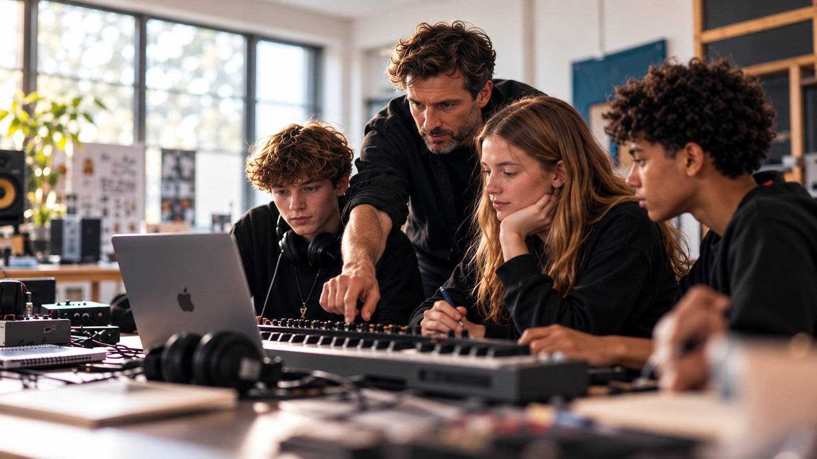 A creative practitioner guiding secondary-age pupils through a collaborative music-production session in school.