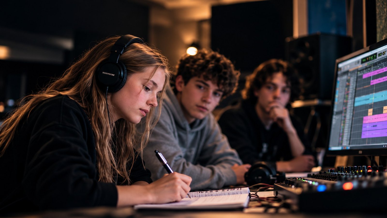 Secondary-age pupils developing a record in a focused studio-production session, with headphones, notes and a DAW visible.